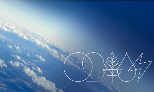 clouds in blue sky overlaid with the white lines of MERI research theme symbols