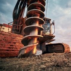 Close up of a large drill drilling into the earth with a digger in the background