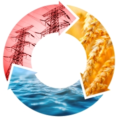 3 arrows, yellow, blue and red, curve to make a complete circle. Within the arrows is imagery of water, wheat and pylons.