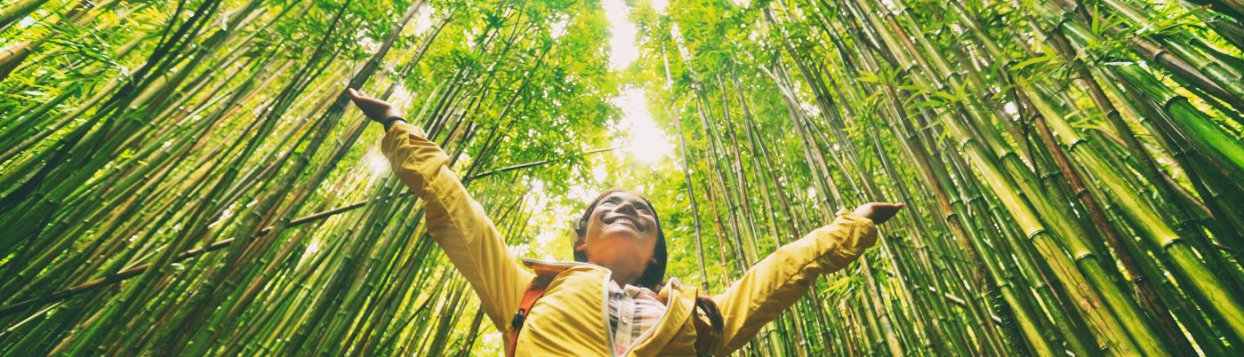 Women with open arms looking up at a forest