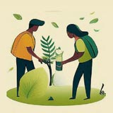 Graphic depicting a man and woman tending a plant